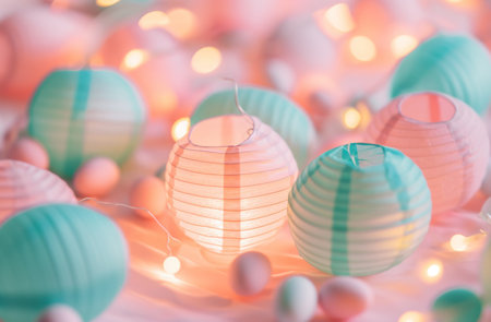 an arrangement of paper lanterns surrounded by colorful eggs.の素材