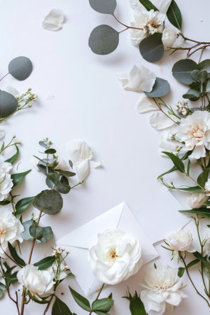 a white card envelope is placed inside a floral frame.の素材