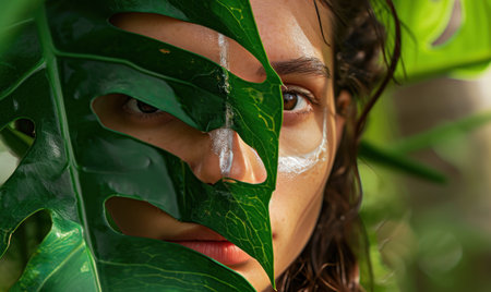 a woman in green leaves in the jungle.の素材