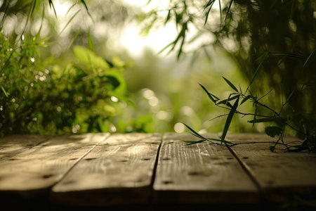 a wooden table is inside with bamboo surrounded by bush.の素材