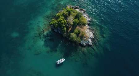 an aerial view of a small island with a boat in the water.の素材