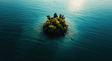 aerial shot of a lone island in the middle of water aerial shot.の素材