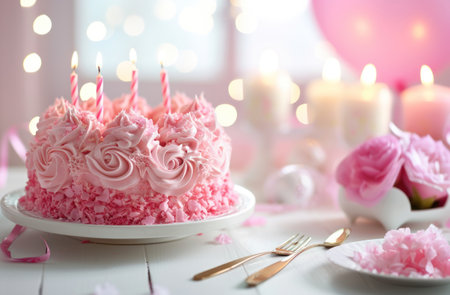 birthday cake in pink on white table.の素材