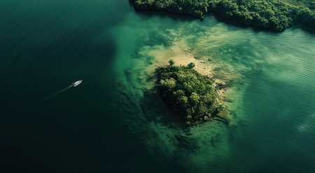 an aerial view of an indented island with a boat in the water.の素材