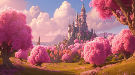 an image of a castle and lots of pink trees.の素材