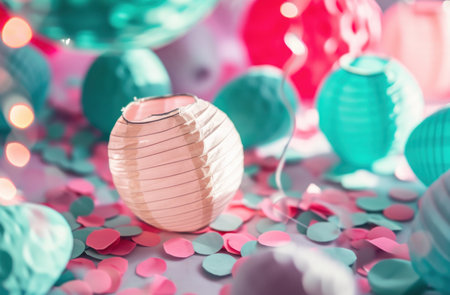 an arrangement of paper lanterns surrounded by colorful eggs.の素材