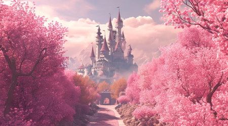 an image of a castle and lots of pink trees.の素材