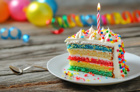 Rainbow cake with candle on a wooden background. Selective focus.の素材