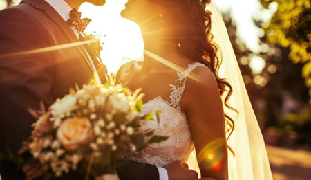 bride and groom standing in the sunlight while smiling.の素材