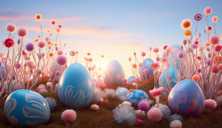 colorful eggs on colorful grass with sun around.の素材