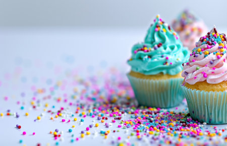 colorful desserts and a white background with a space for writing.の素材