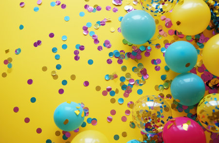 colorful and rainbow party confetti and balloons.の素材