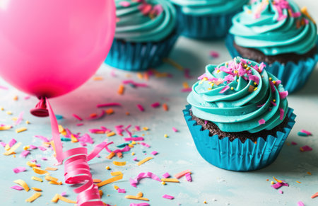 colorful paper with birthday cupcakes and a pink balloon.の素材