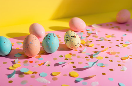 colorful easter eggs over a pink background.の素材