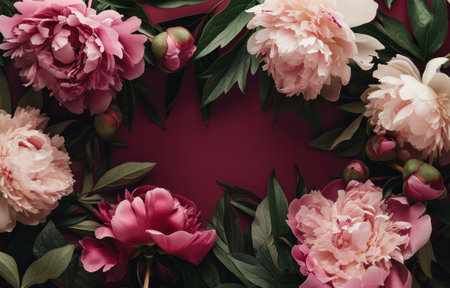 floral frame made of pink and green peonies, and leaves.の素材