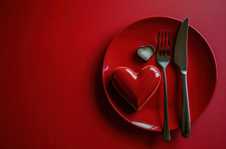 heart shaped plate, fork, knife, and salt and pepper.の素材