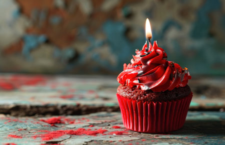 one of a dozen red cupcakes holding one candle.の素材