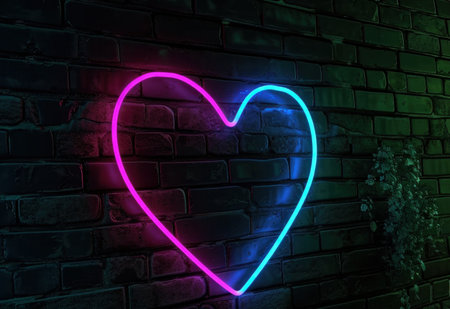neon heart luminous sign against brick wall wall.の素材