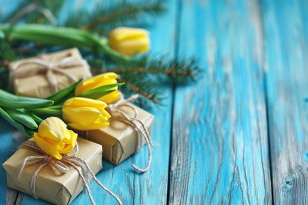 gifts with yellow tulips and fir branches on a blue wood table.の素材