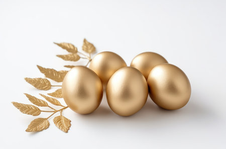 golden easter eggs on a white background.の素材