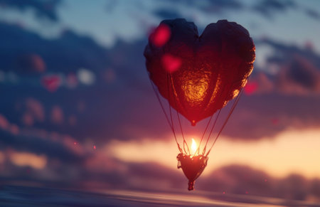 heart shaped hot air balloon floats free.の素材