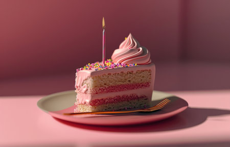 pink birthday cake is on a pink plate on a pink background.の素材