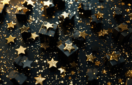 present boxes on a black background with star shaped gold confetti.の素材