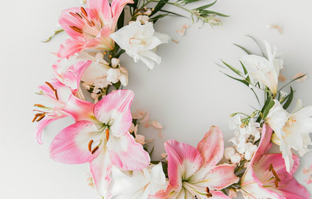pretty floral wreath with pink flowers and white lilies.の素材