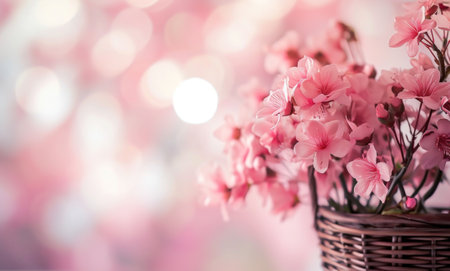 pink flowers in a basket on a pink background,.の素材