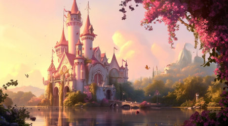 pink castle by the water.の素材