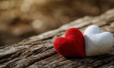 two felt hearts, red and white, on wooden table.の素材