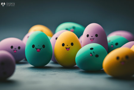 the easter egg with colorful faces on it,.の素材