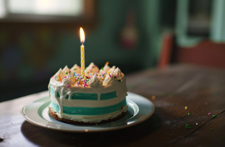 striped birthday cake with one lit candle.の素材