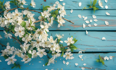 spring blossoms on blue wooden background vintage pictures.の素材