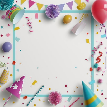 birthday template transparent background with colorful party.の素材