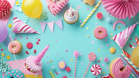 birthday template transparent background with colorful party.の素材