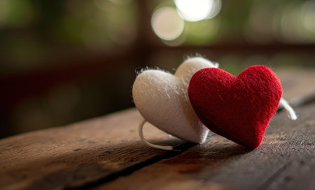 two felt hearts, red and white, on wooden table.の素材