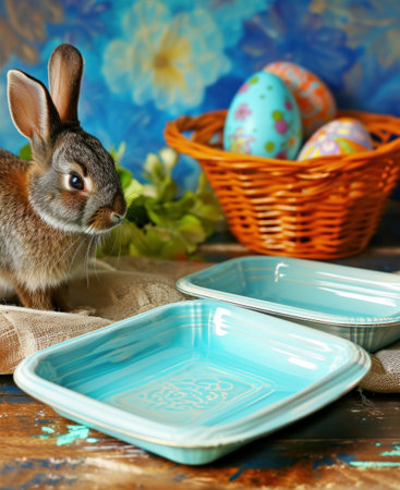two plastic dishes on a table next to an easter bunny.の素材