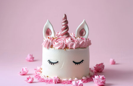 unicorn cake with pink flowers.の素材