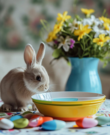 two plastic dishes on a table next to an easter bunny.の素材