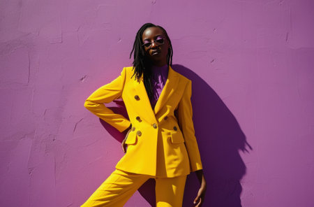woman in yellow suit posing against purple wallfemale.の素材