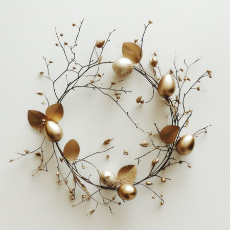 wreath of gold eggs encircled by branches and leaves,.の素材
