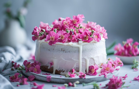 unicorn cake with pink flowers.の素材