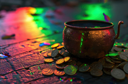 a pot of coins with a rainbow thrown on it.の素材