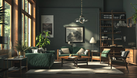 a living room with gray walls and wood trim.の素材