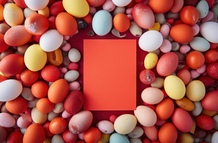 a paper card surrounded by colorful eggs.の素材