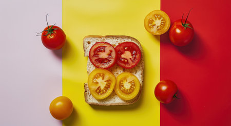 a healthy food mockup with a slice of bread, tomatoes and mustard.の素材
