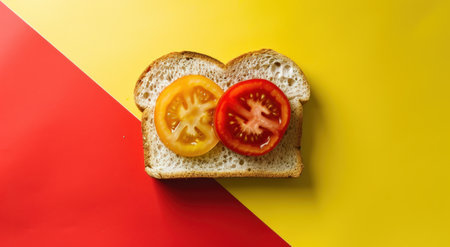 a healthy food mockup with a slice of bread, tomatoes and mustard.の素材