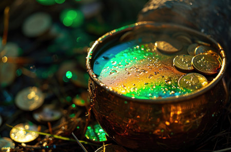 a pot of coins with a rainbow thrown on it.の素材