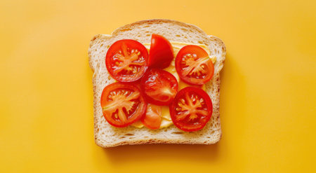 a healthy food mockup with a slice of bread, tomatoes and mustard.の素材